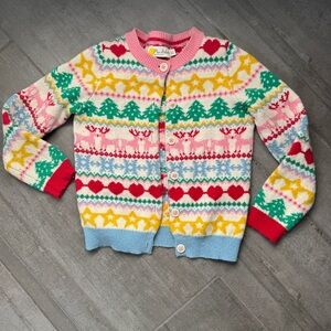 Mini Boden wool sweater Pink fair isle Knit Cardigan Christmas tree